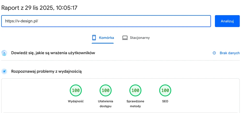 Wynik PageSpeed 100/100